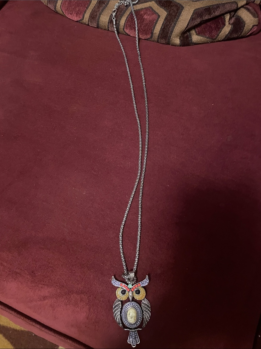 Silver-tone Owl Pendant Necklace with Red and Gold Accents